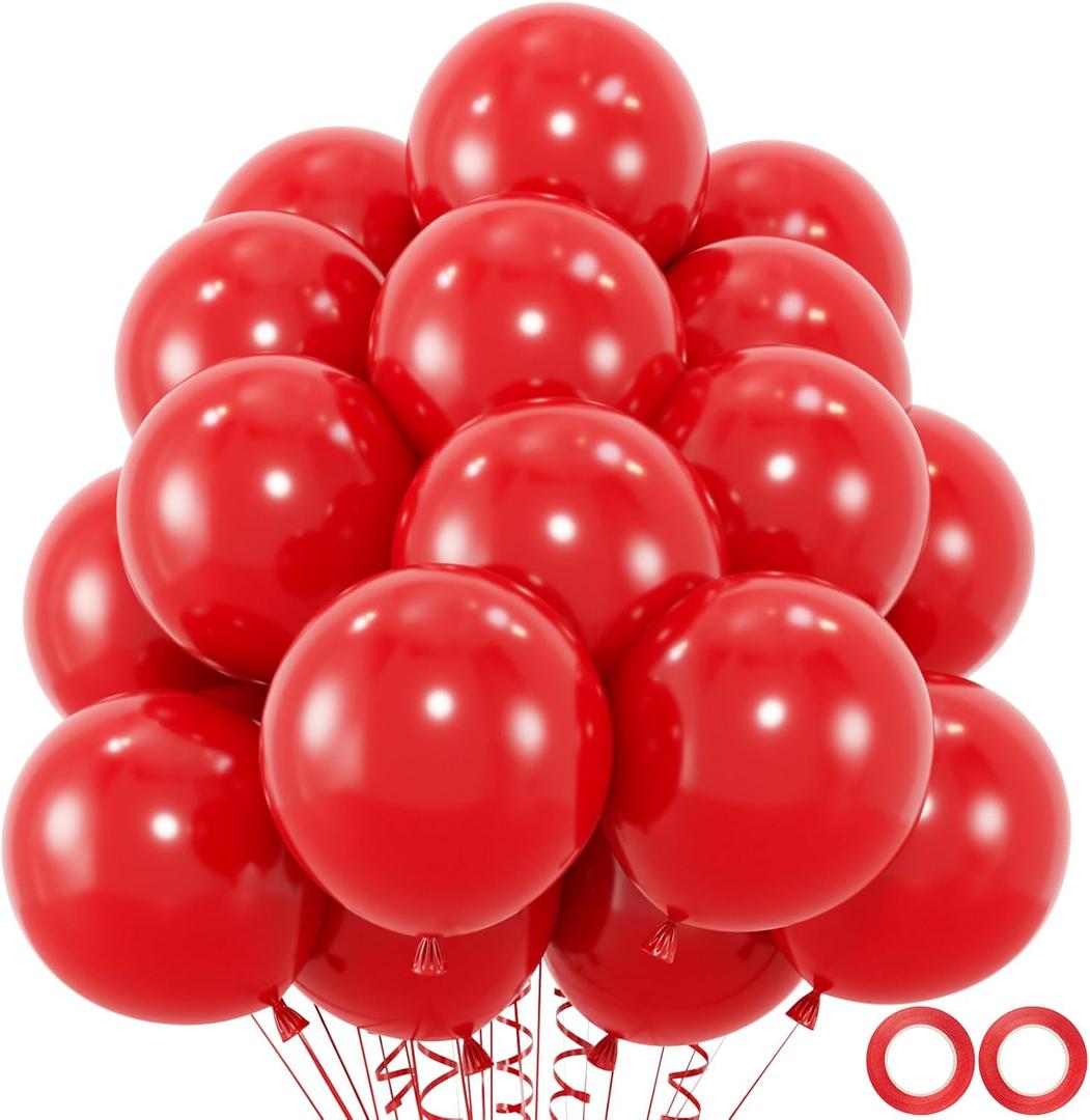 50pcs Red Balloons, 12inch Red Party Balloons Helium Quality for Wedding Anniversary Birthday 4th of July Independence Day Valentine's Party Decorations (With Ribbon & Glue)