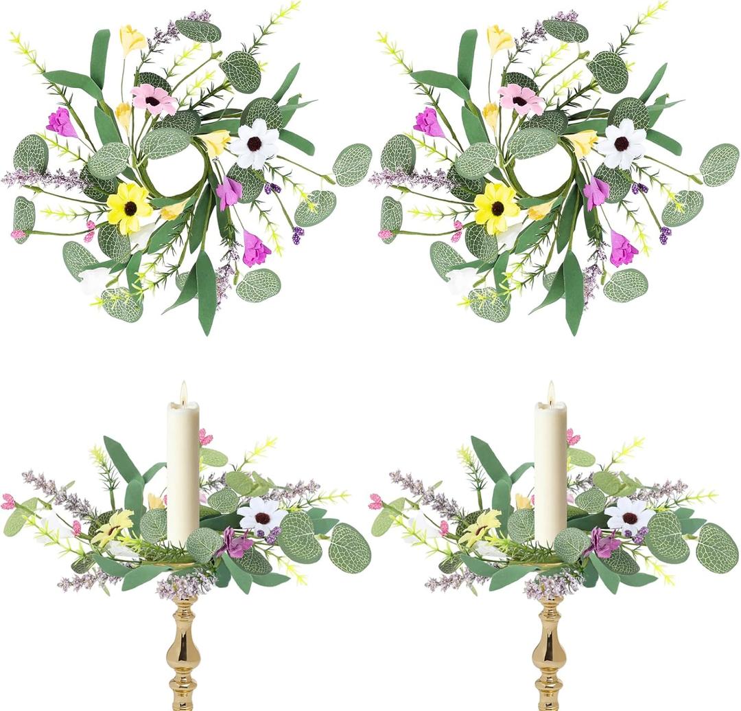 4 PCS Spring Flowers Taper Candle Rings Wreaths 1.38" Mini Spring Summer Floral Taper Candle Holder Wreaths Colorful Artificial Wildflowers Table Centerpieces Wreath for Church Home Wedding Decor