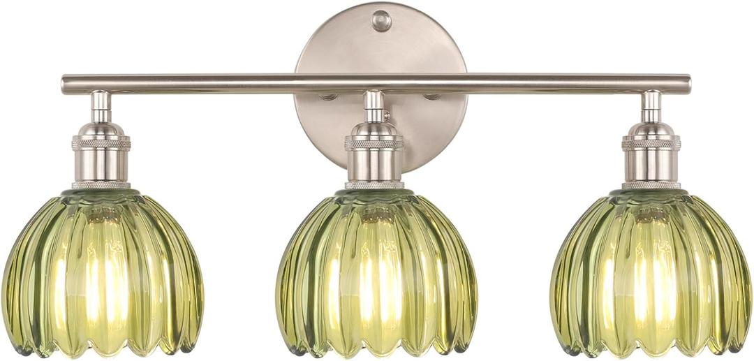 Shenmoyl Bathroom Light Fixtures, 3-Light Vanity Wall Light Over Mirror with Green Tulip Glass Shade for Bedroom Living Room (Bulb Not Included), Satin Nickel (Hardwired)