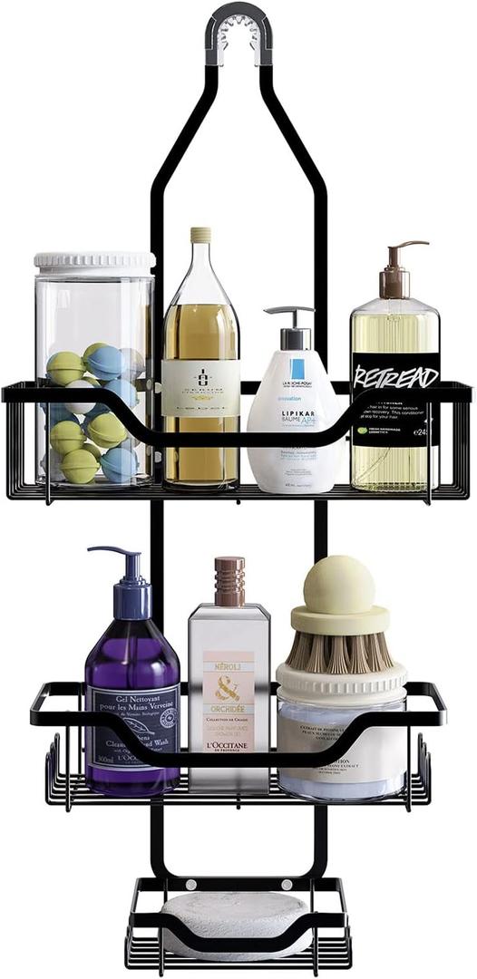 Shower Caddy Over Head Bathroom Hanging Organizer, Storage Rack Basket with Hooks for Razor and Sponge Rustproof (Black)