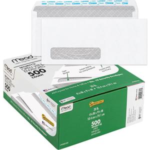 Mead #10 Envelopes, Letter Size, 4-1/8" x 9-1/2", Security Printed Lining for Privacy, Press-It Seal-It Self Adhesive Closure, Left Viewing Window Mailing Envelopes, 500 Count (742022)