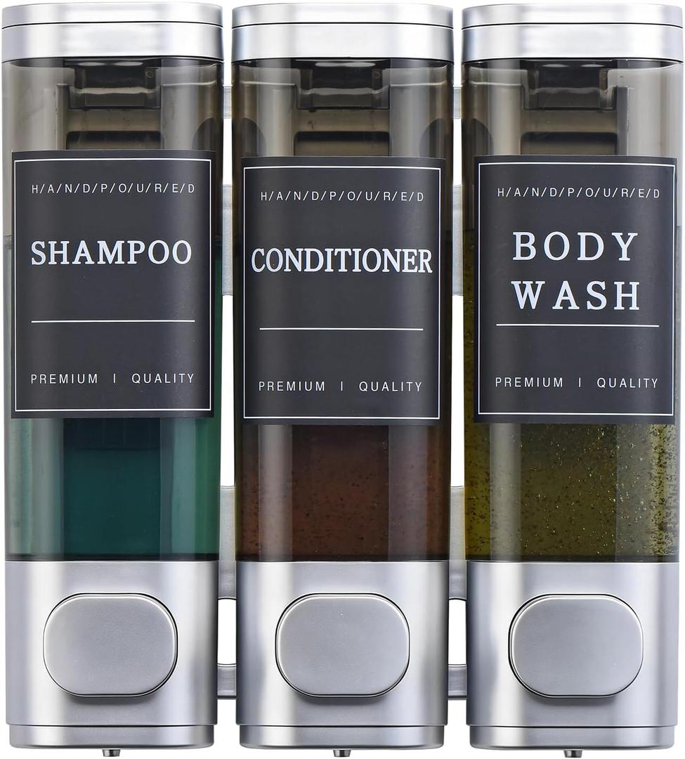 Shampoo and Conditioner Dispenser,Shower Soap Dispenser 3 Chamber No Drill Wall-Mounted for Bathroom & Hotel Leak-Proof Pumps, for Thick Liquids Like Conditioner - 1050ML High Capacity, Silver