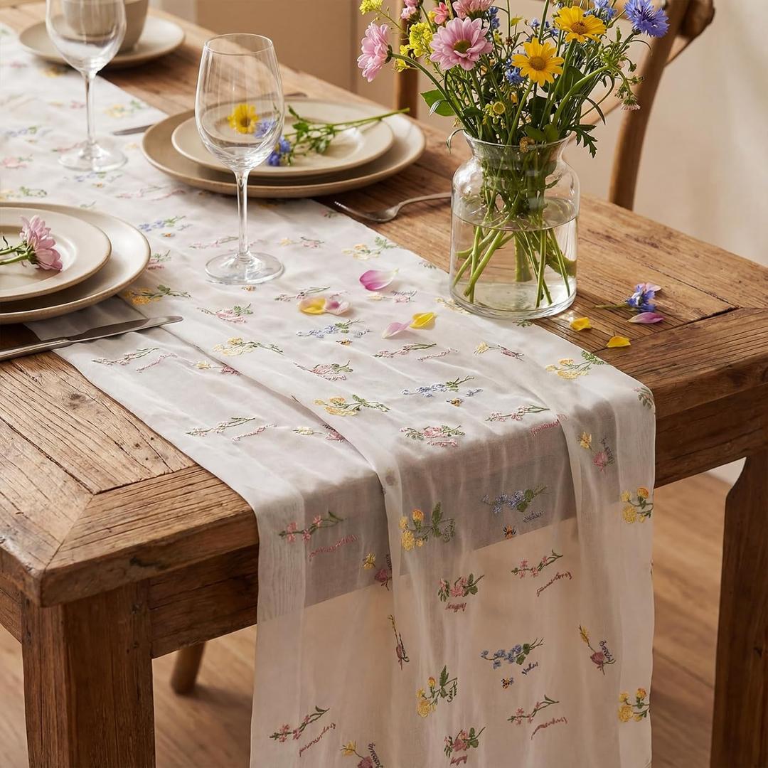 Remagr 9.8 ft Floral Table Runner Embroidery Flower Seasonal Table Decorations Tulle Fabric for Home Indoor Decor, Bridal Shower Wedding, Baby Shower Parties, Holiday DIY Craft Kitchen Decor