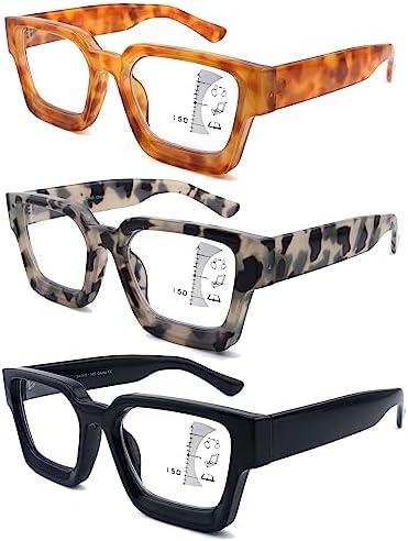 LOVIVY 3 Pack Progressive Multifocal Reading Glasses for Women Retro Square Multifocus Readers Blue Light Computer Glasses