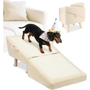 Dog Stairs for Small Dogs and Cats  2-in-1 Dog Ramp for Couch and Low Bed, 16.5'' Foldable Wooden Pet Ramp, Sturdy Multi-Use Split Ottoman Design, Beige