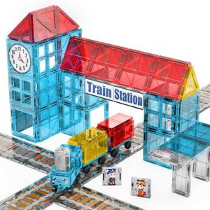 SKTMYY Magnetic Tiles Train Toys, Train Station Magnet Tiles for Kids Ages 4-8 with Magnetic Tiles Cars, Preschool Classroom Educations STEM Learning Montessori Toys Gifts for Toddler Boys and Girls
