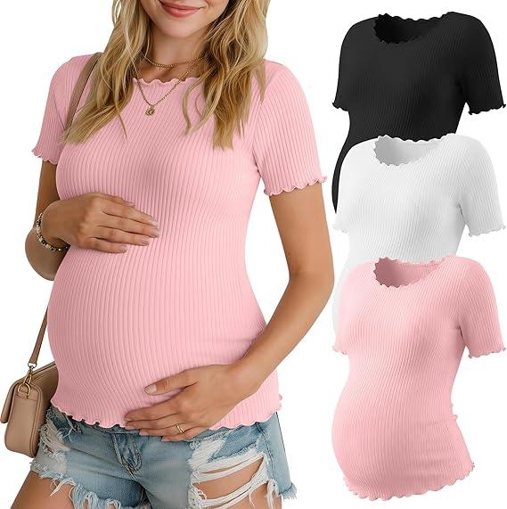 3 Pack Women's Maternity Ribbed Shirts Cotton Short Sleeve Pregnancy Tops Boat Neck Lettuce Trim Mama Clothes, S