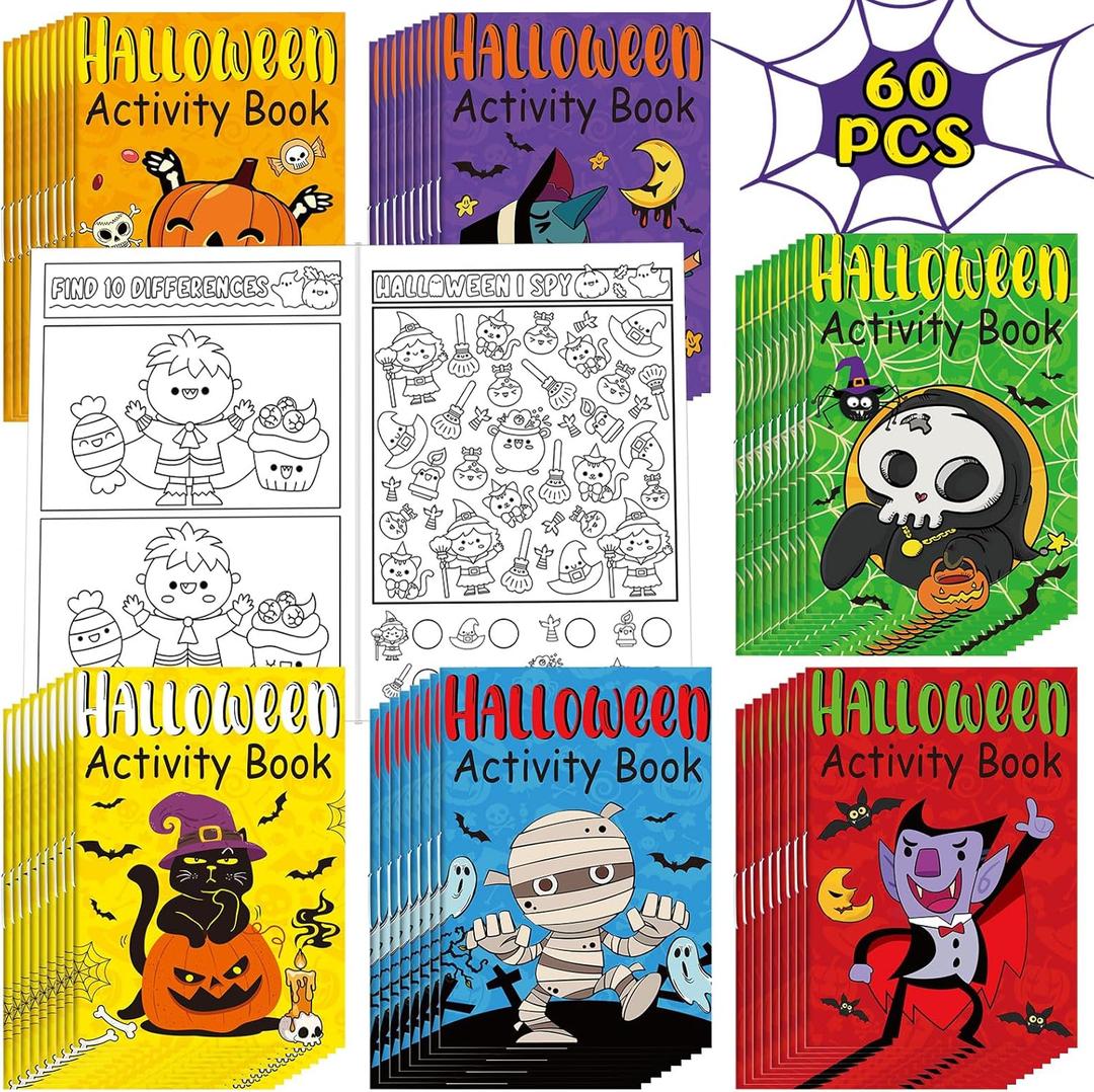 60 Pcs Halloween Activity Books for Kids Mini Challenging Activities Fun and Games Include Mazes, Word Search, Word Scramble, and More for Halloween Party Gifts Bag Stuffers