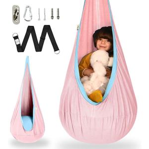 OUTREE Kids Pod Swing Seat, Cotton Child Hammock Swing Chair, Sensory Swing for Indoor and Outdoor Use, Macaron Pink