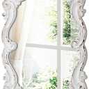 Vintage Mirrors for Wall Decor 16 X 24 Inch, Distressed White | Hanging Carved Wood Wavy Antique Oval Mirror, Rustic Curvy Mirror for Entryway Bathroom, Horizontal or Vertical