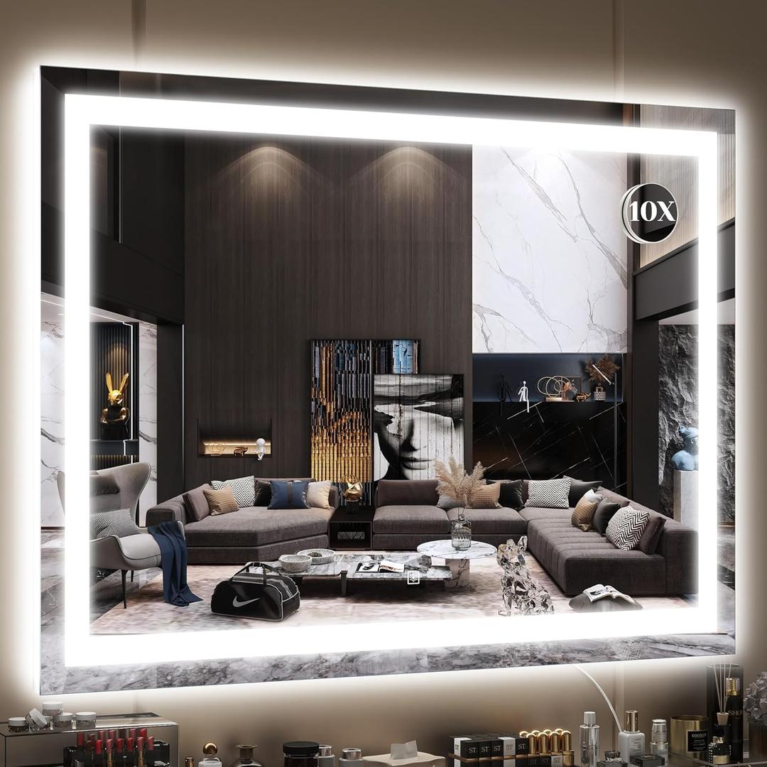 FENNIO Large Vanity Mirror with Lights40" x 28"Makeup Mirror with Lights Hollywood Mirror with 3 Color Modes & Adjustable Brightness Vanity Mirror Square White