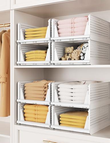 4 Pack Closet Organizer System, Stackable Plastic Clothes Storage Basket, Stackable, Foldable Organizers for Wardrobe Clothes Organizer Suitable for Bedrooms Bathrooms Kitchen Living Rooms Office Dorm