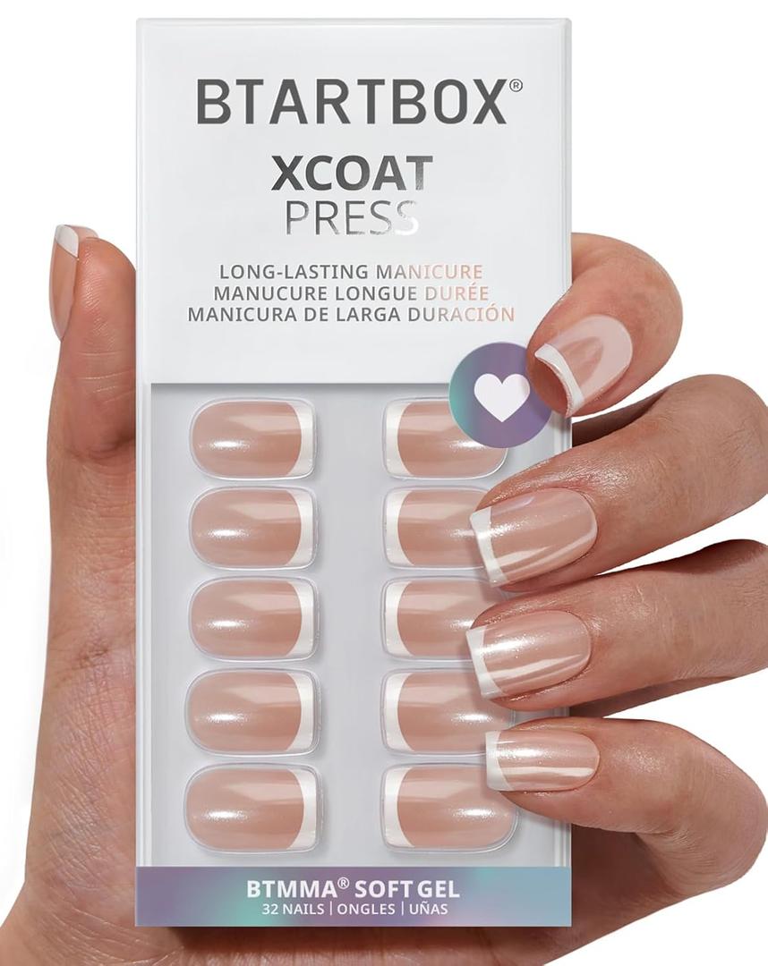 BTArtbox Press On Nails Short - Lamp-Curable Chrome French Tip Square Press On Nails with Glue for Women, Semi-Transparent Soft Gel Glue On Nails in 16 Sizes - 32 Stick On Nails Kit, Evening Attire