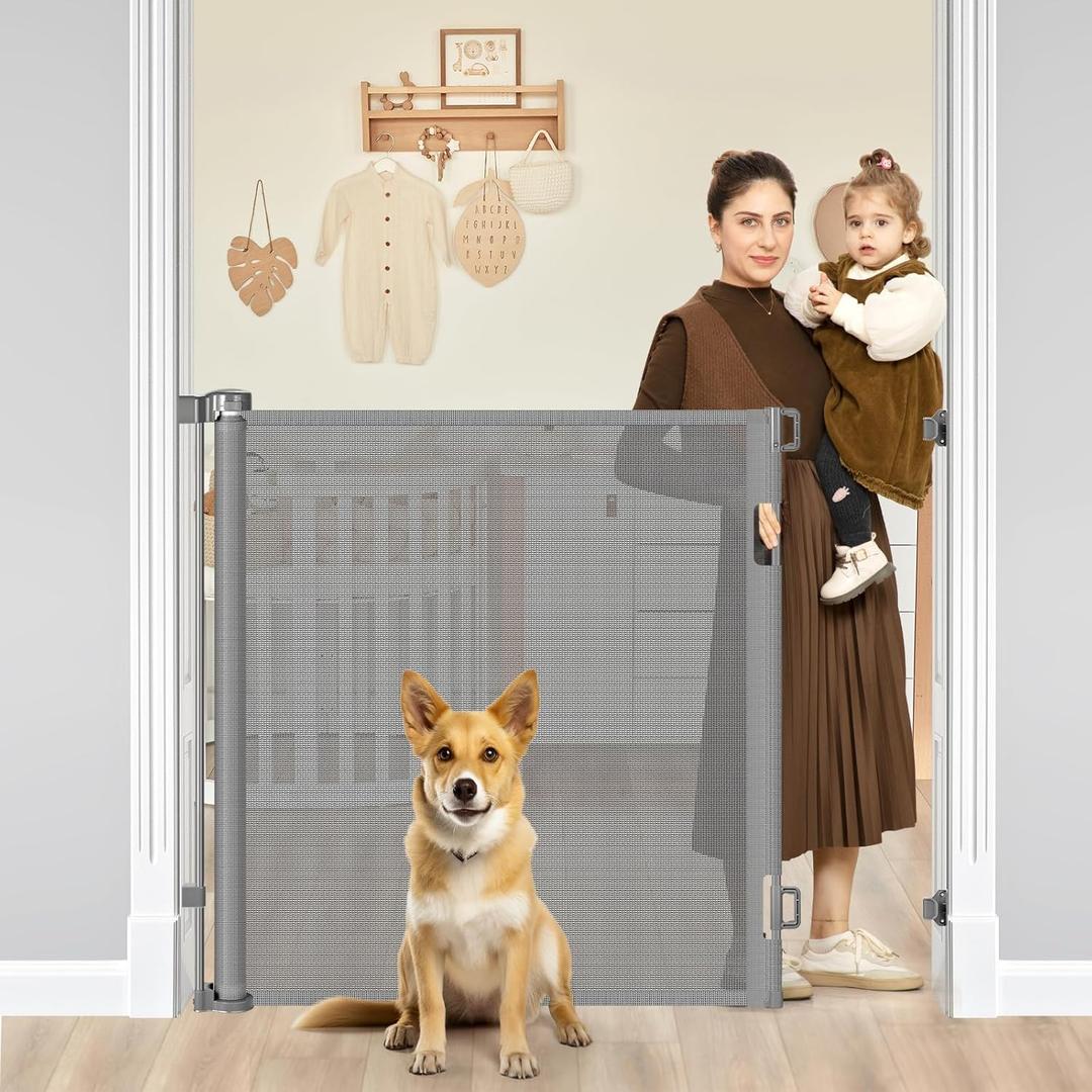 42" Tall X 60" Wide Retractable Pet Gates for Doorways, Extra Tall Baby Gates for Dogs, Tall Mesh Dog Gate, Tall Retractable Gates for Baby and Pet, Indoor Outdoor Mesh Cat Gate (Gray)