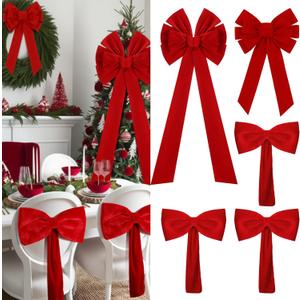 Janinka 6 Pcs Christmas Red Velvet Bows Decoration Set Include 1 Large Red Bow Tree Topper, 1 Small Wreath Bow and 4 Velvet Chair Bows Sashes Holiday Decor for Christmas Tree, Wreaths, Dining Chairs