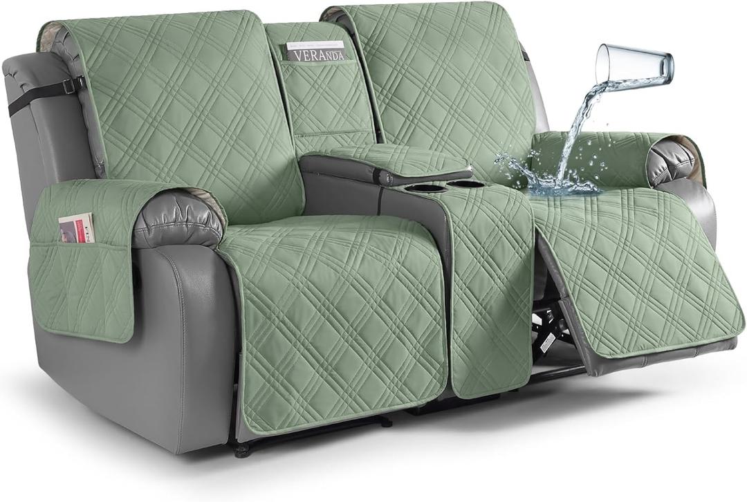 TAOCOCO Loveseat Recliner Cover with Center Console, 100% Waterproof Pet Cover for Dual Recliner with Straps Design, Split Reclining Loveseat Covers Furniture Pet&Kids Protector (2 Seater, Sage Green)