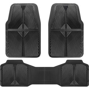 CAR PASS Rubber Floor Mats, All Weather Waterproof Trim-to-Fit Automotive Mats for Cars Trucks SUV, Anti-Slip Easy Clean, Heavy Duty Full Set 3-Piece, All Black