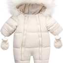 Baby Girl Boy Snowsuit Cute Down Jacket Hooded Romper Light Puffer Padded Jumpsuit Infant Winter Outwear (0-6 Months, Beige)