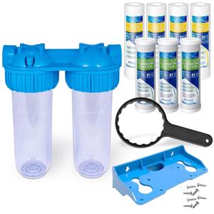 Dual Whole House Water Filter System, Transparent Standard Housings, Presser Relief Valve, 3/4 Inlet/Outlet Brass Port, Yearly supply of Sediment & Carbon Cartridges Meets NSF Standards & Regulations
