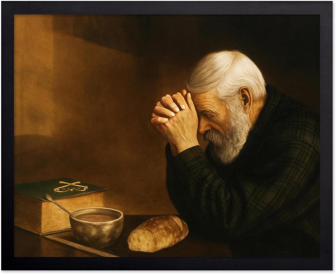 Poster Master Vintage Grace Painting Poster - Retro Man Praying Over Bread Print - Gratitude Art - Gift for Men, Women - Religious Decor for Living Room, Kitchen, Dining Room - 11x14 UNFRAMED Wall Art