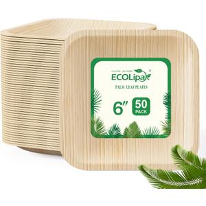 ECOLipak 6 Inch Compostable Palm Leaf Plate Like Bamboo Plate, 50 Pack Disposable Biodegradable Plates Suitable for Party, Dinner