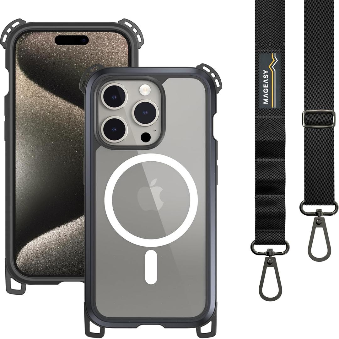 MAGEASY Case with Strap for Phone 15 Pro - Ultimate 22ft Drop Protection, 6.1" Crossbody Case with Lanyard, Compatible with MagSafe - Odyssey Ultra M | Embedded Metal Frame (15 Pro 6.1", Metal Black (Odyssey Ultra M))