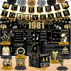 44th Birthday Decorations for Women Men, 18PCS Black Gold Back in 1981 Banner Decorations, Bday Backdrop, 44 Year Old Banner for Her Him, Birthday Card, 6 Paper Poms 9 Honeycomb Balls