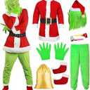 Christmas Green Furry Monster Santa Costume for Men 8 PCS Deluxe Adult Santa Suit Xmas Holiday Outfit Set Include Mask 