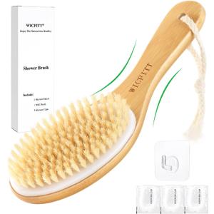 Dry Brushing Body Brush, Exfoliating Dry Brush with Boar Bristles, Soft Shower Brush for Cleaning Body, Improving Blood Circulation and Lymphatic Drainage,Skin Care Brush(Bamboo Handle) (02Basic Style 0.7 in)