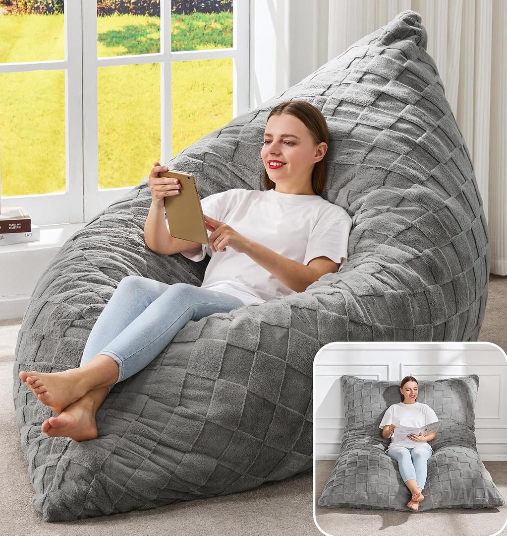 Hobestluk Adult Bean Bag Chair 3 in 1 Convertible Large Bean Bag Sofa | Plaid Grey,Machine Washable,Removable Cover,Easy Convert And Install,Floor Bed,For Livingroom Bedroom