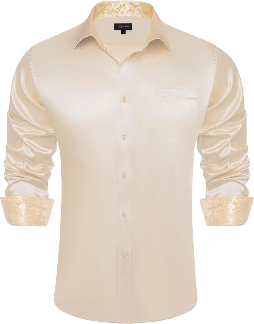 DiBanGu Men's Satin Dress Shirts Casual Long Sleeve Button Down Shirt Regular Fit Wrinkle Free Shiny Shirts for Men Party Prom (3X-Large, Champagne Solid)
