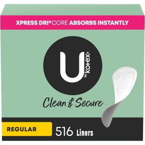U by Kotex Clean & Secure Panty Liners, Light Absorbency, Regular Length, 516 Count (4 Packs of 129) 
