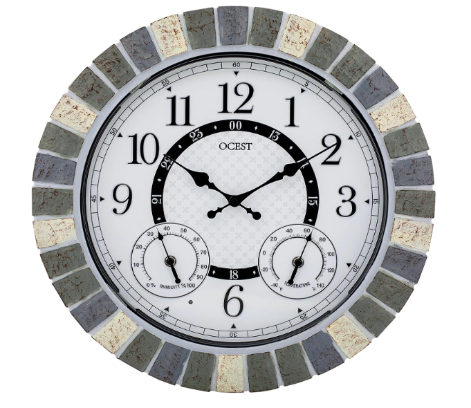 OCEST 18 Inch Outdoor Wall Clock with Night Light, Waterproof Thermometer & Hygrometer Combo, Battery Operated Silent Non-Ticking Large Patio Clock for Garden, Pool, Porch (Rustic Gray)