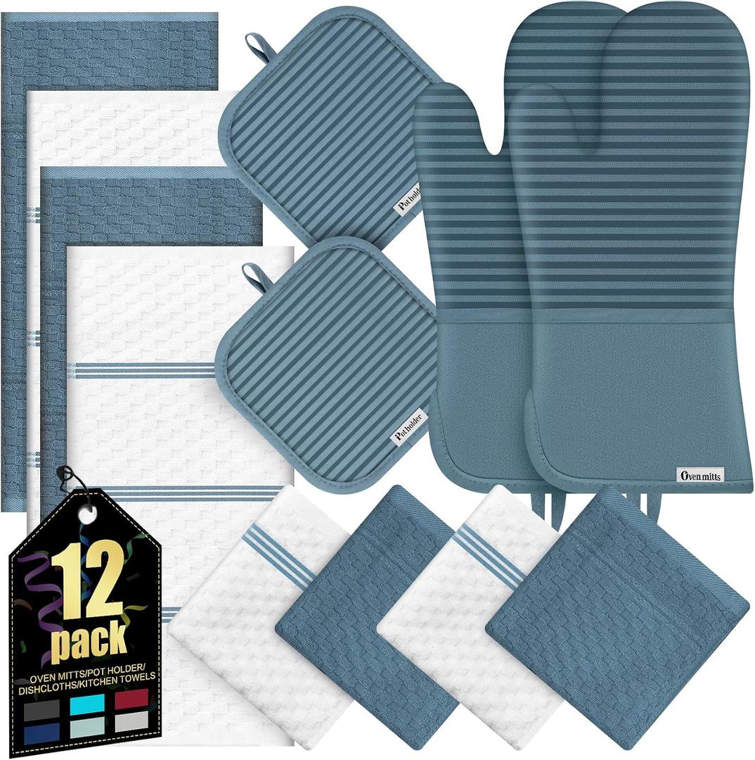 Oven Mitts Kitchen Towels and Dishcloths with Pot Holders Sets, Oven Gloves Hot Pads 500F Heat Resistant with Silicone Grip, Include 2 Cooking Gloves/2 Potholders/4 Kitchen Towels/4 Dish Towels