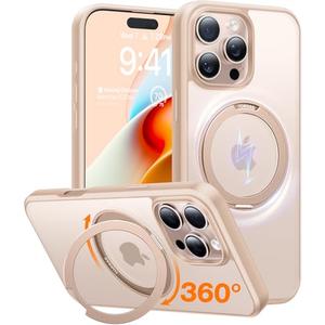 TORRAS 360Rotatable Magnetic for iPhone 16 Pro Case 6.3 inch, Fit for MagSafe 16 Pro Phone Case, 16FT Military Grade Shockproof, Flush Stand Ring, Translucent Slim Protective Ostand, Desert Titanium