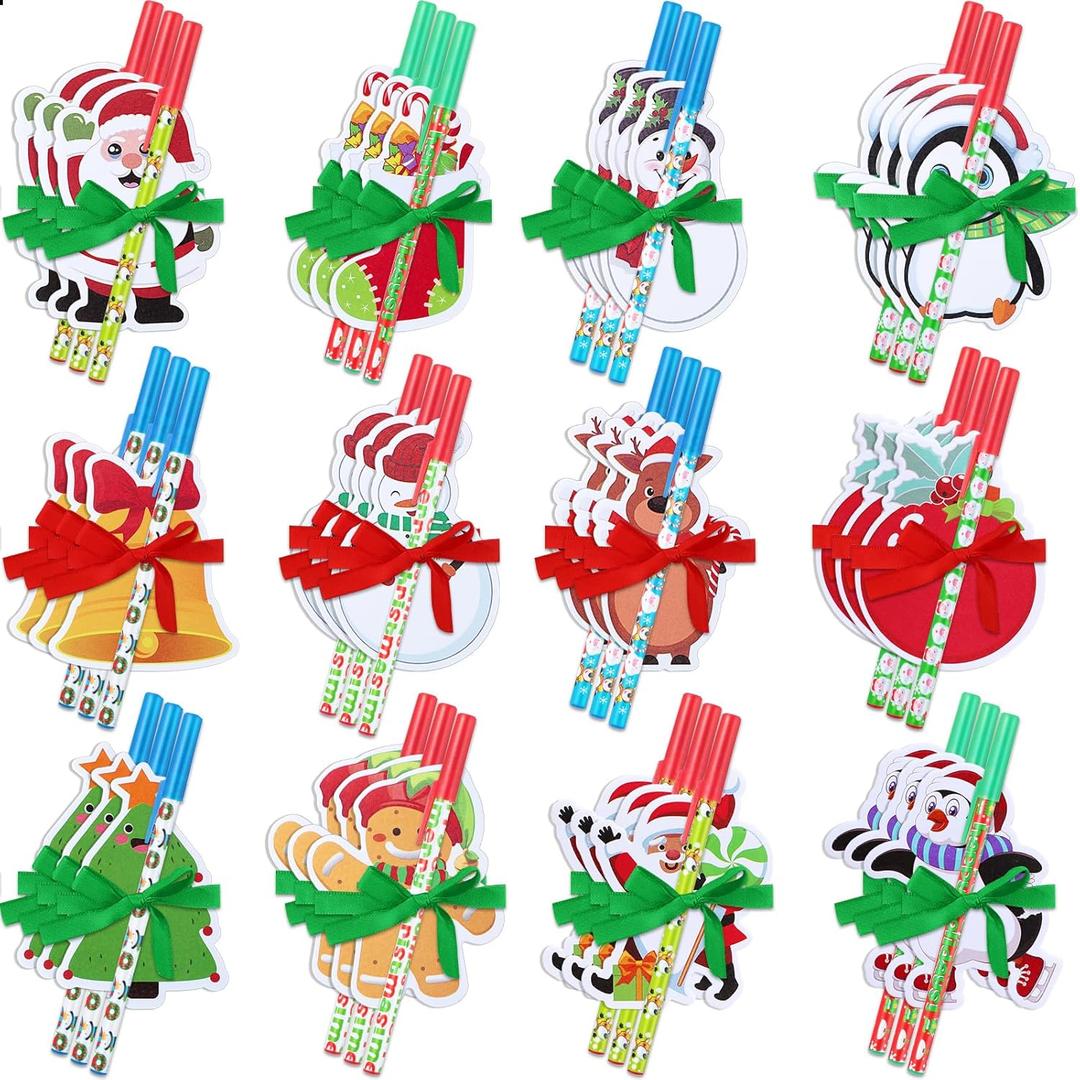 Cholemy 72 Pcs Christmas Sticky Note and Pens Set 36 Winter Holiday Notepad 36 Ballpoint Pens with Ribbon Gingerbread Santa Snowman Stationery Gifts Goodie Bag Fillers Classroom Reward(Cute Style)