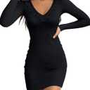 Valiamcep Women's Mini Dress V Neck Ruffle Long Sleeve Ribbed Slim Fitted Bodycon Pencil Dresses, Small