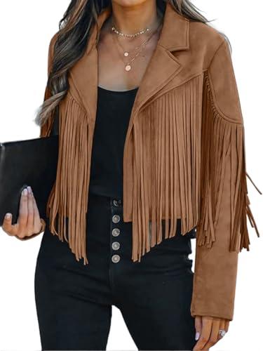 Bibowa Faux Leather Jackets For Women Trendy Cowgirl Outfits Fall Western Fringe Cropped Jacket 2025 Tassel Motorcycle Crop Coats Winter Tan XL