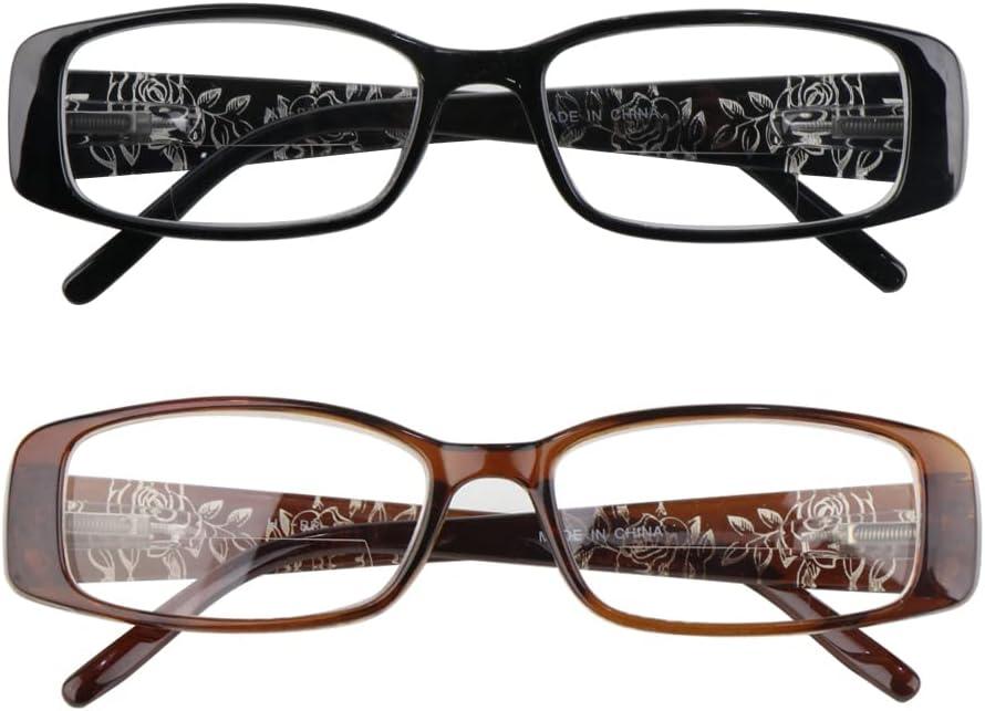 2 Pairs Rectangular Bifocal Reading Glasses for Women,Designer Laser Flower Frame Reader Glasses With Spring Hinge (1 Black & 1 Brown)