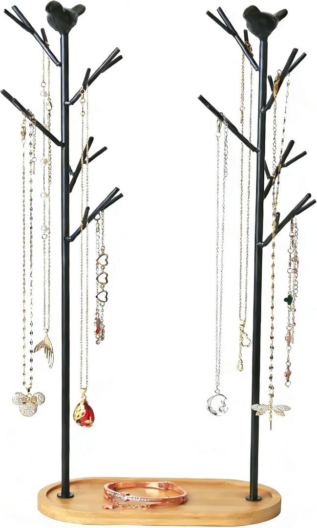 Jewelry rack, bird tree tower, hanging ring, earring, necklace, bracelet, suitable for living room, bathroom, office - black