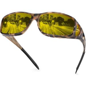 Night Driving Glasses Night Vision Glasses Fit Over Glasses Polarized Anti-Glare UV400 Gift for Men Women (Night Vision (Yellow Lens / Matte Beige Tortoise Frame))