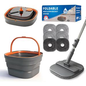 Collapsible Mop and Bucket Set, Spin Mop with Separate Dirty and Clean Water, 6 Replaceable Mopping Pads with Foldable Handle, Deep Cleaning Mops and Buckets for Household Use Floor Cleaning (Gray,Orange)