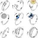 Fidget Rings for Women Men, 9 Pcs Spinner Anxiety Rings for Anxiety Relieving Stress,Adjustable Open CZ Flower Moon Star Rotatable Rings (Silver)