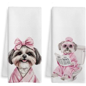 Pink Shih Tzu Bathroom Hand Towels, Shih Tzu Gifts for Women, Trendy Bathrobe Dog Decorative Hand Towels for Girls Guest Bathroom Washroom Power Room Vanity Half Bath, 16x24 Inch Set of 2