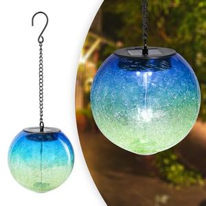 Hanging Solar Lights Outdoor Solar Lanterns Outdoor Decorative Cracked Glass Ball Lights Solar Powered Waterproof LED Globe Lantern for Outdoor Porch Patio Garden Decor Gift Blue&Green