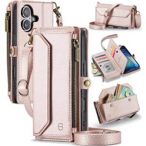 Strapurs Wallet Case Compatible with iPhone 17 6.3" RFID Blocking 9-Card Holder Soft PU Leather Magnetic Snap Shoulder Strap Zipper Pocket Phone Case Fit for iPhone 17 for Women - Rose Gold