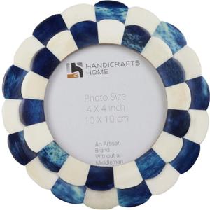 Handicrafts Home Scalloped Bone Inlay Picture Frame 4x4 Handmade Round Decorative Photo Frame, Blue & White Boho Desk & Shelf Decor, Vintage Style Small Frame for Nursery, Home Styling & Gift