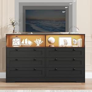 GarveeLife Black Dresser for Bedroom with 6 Drawers, Large Wooden Bedroom Dressers with Power Outlet and Led Lights, 55 in Wide TV Dresser, Wood Modern 6 Drawers Dressers & Chests of Drawers for Room