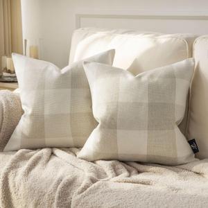 Phantoscope Pack of 2 Gingham Buffalo Check Plaid Throw Decorative Pillow Cover Outdoor Indoor Throw Pillows Farmhouse Square Pillow Cases for Home Decor Off White, 20 x 20 Inches