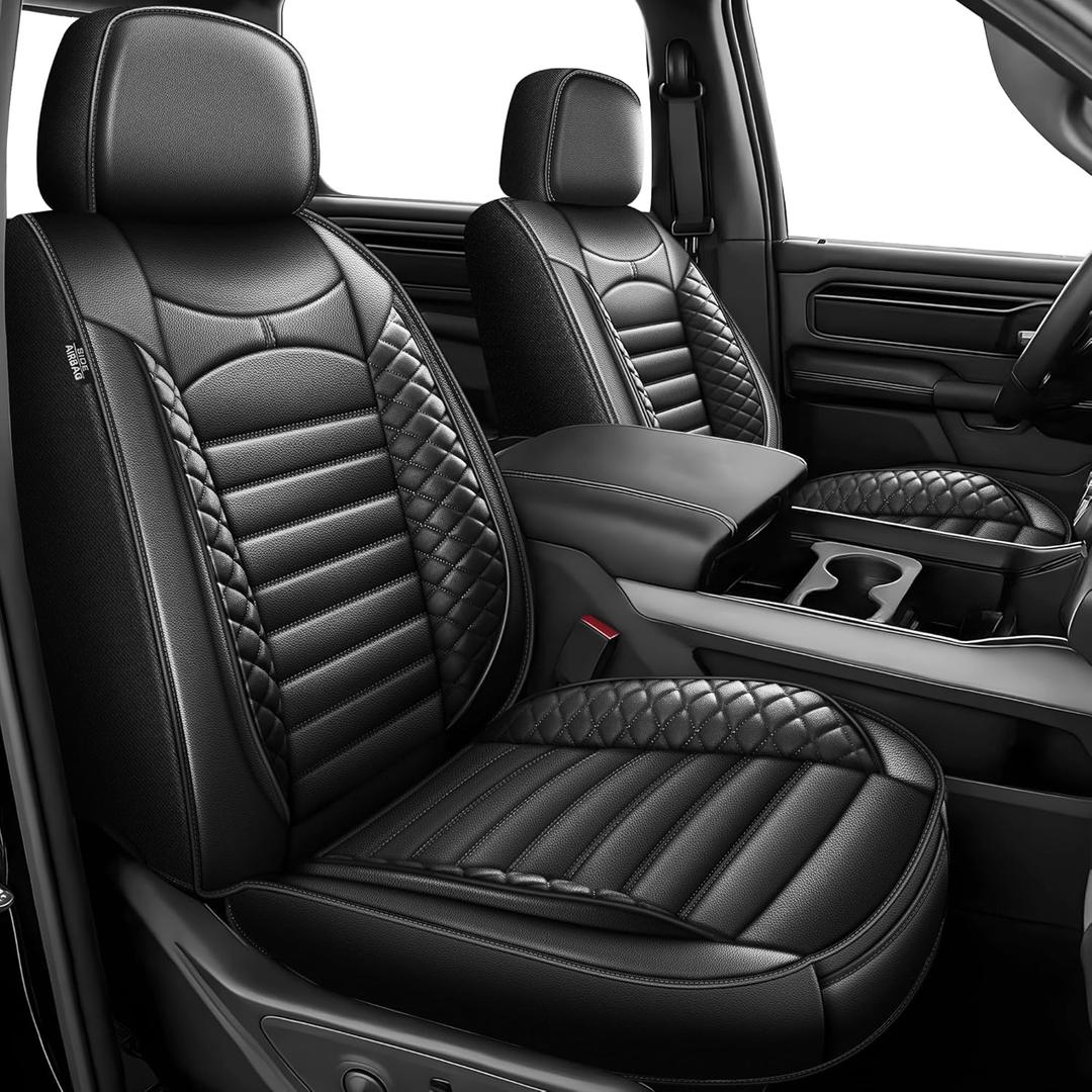 Car Seat Covers Custom Fit for Dodge Ram 1500/2500/3500HD 2002-2025 2026 Pick-up:Crew Double Mega Quad Cab Waterproof Leather Truck Seat Covers Protector(5 Seats/Curved Bench/Black)
